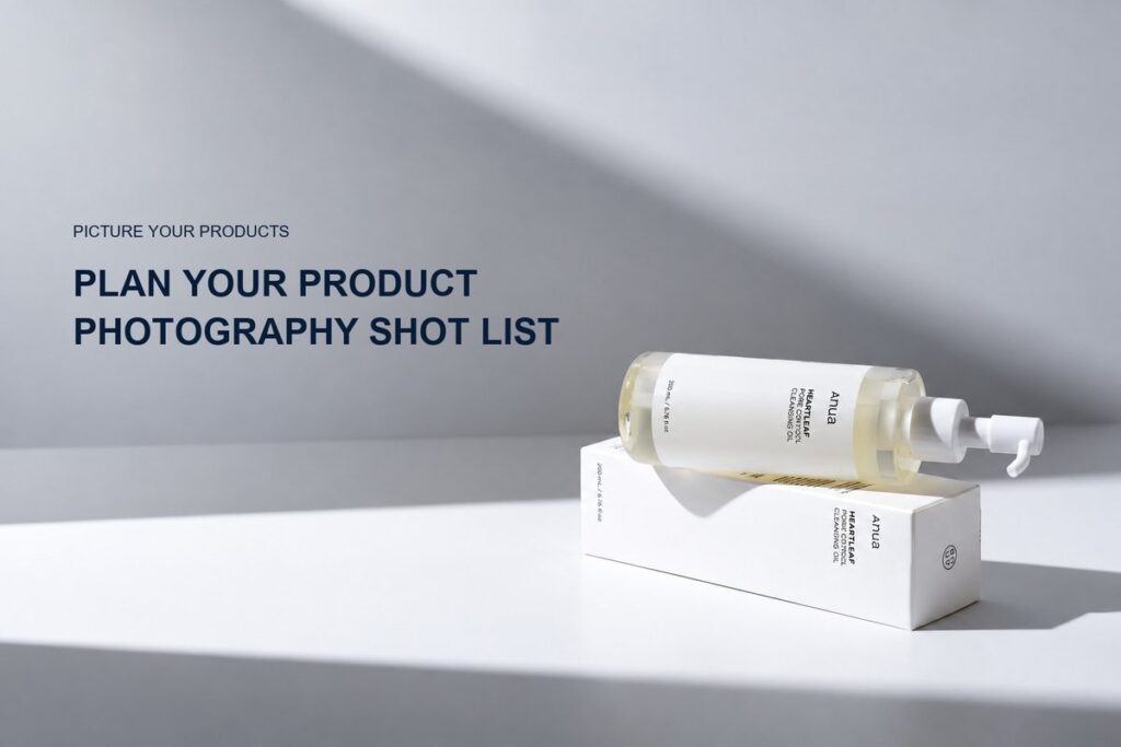 Product photography shot list planning guide with skincare bottle on a gray studio set