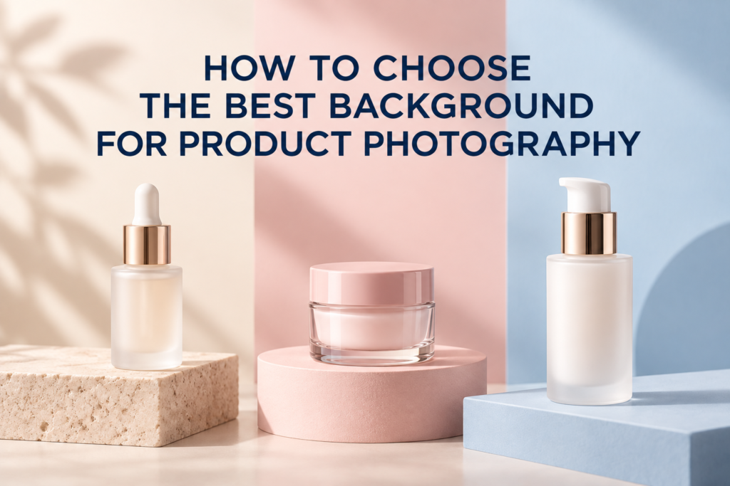 Three skincare products on cream, blush and blue backgrounds for a product photography background guide