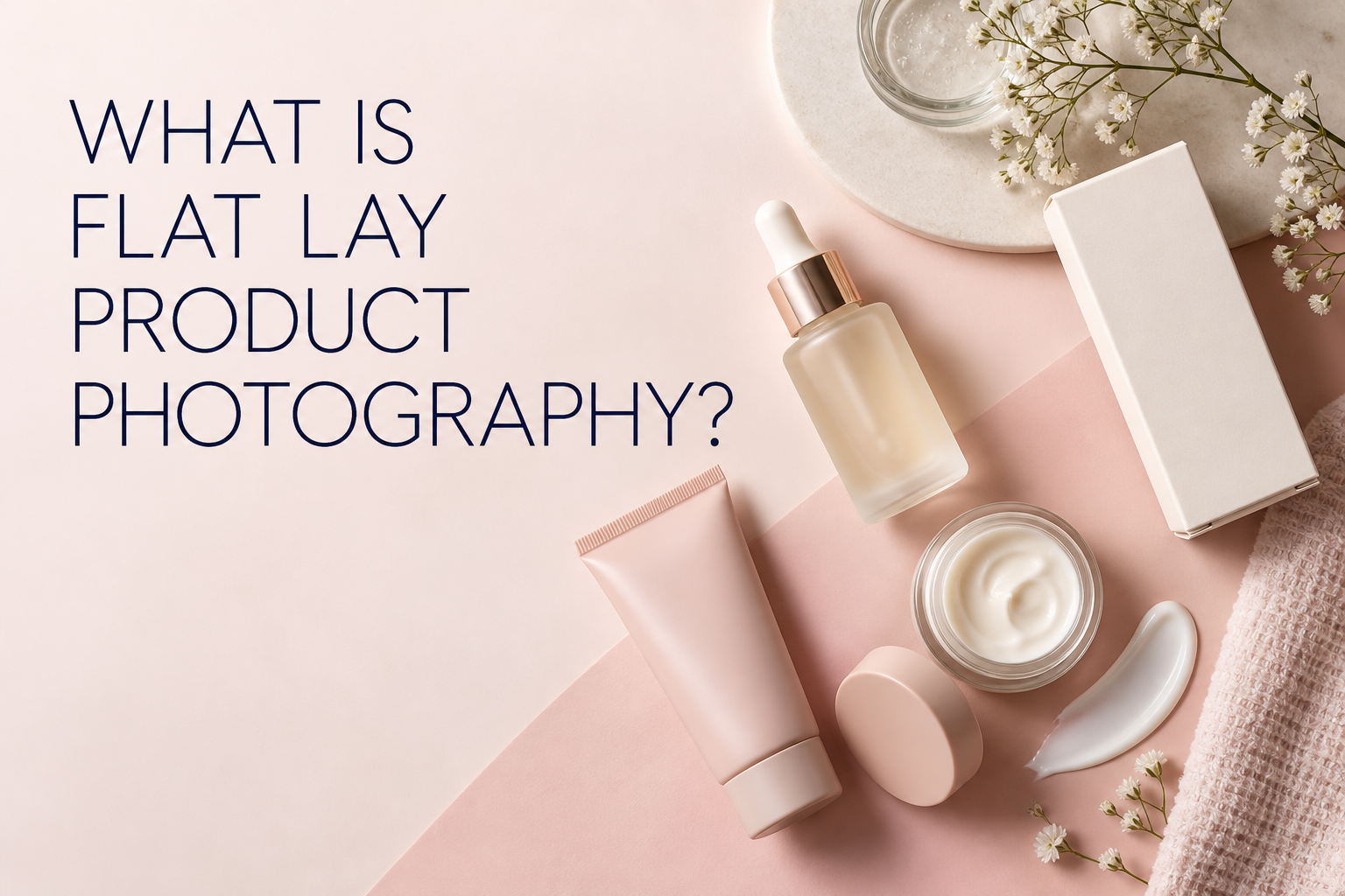 Flat lay product photography of unbranded skincare items on a blush and cream background