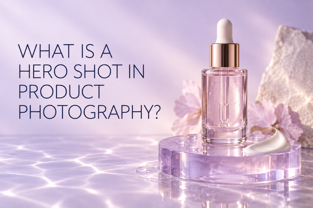 Hero shot product photography with an unbranded skincare serum bottle