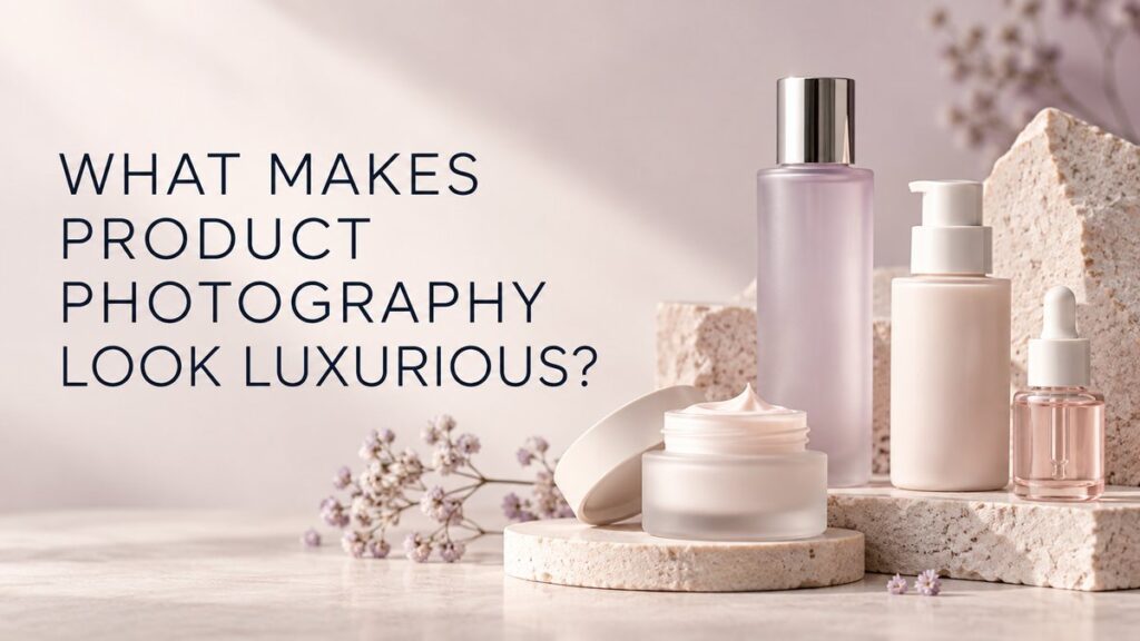 Luxury product photography composition with unbranded beauty packaging and refined lighting