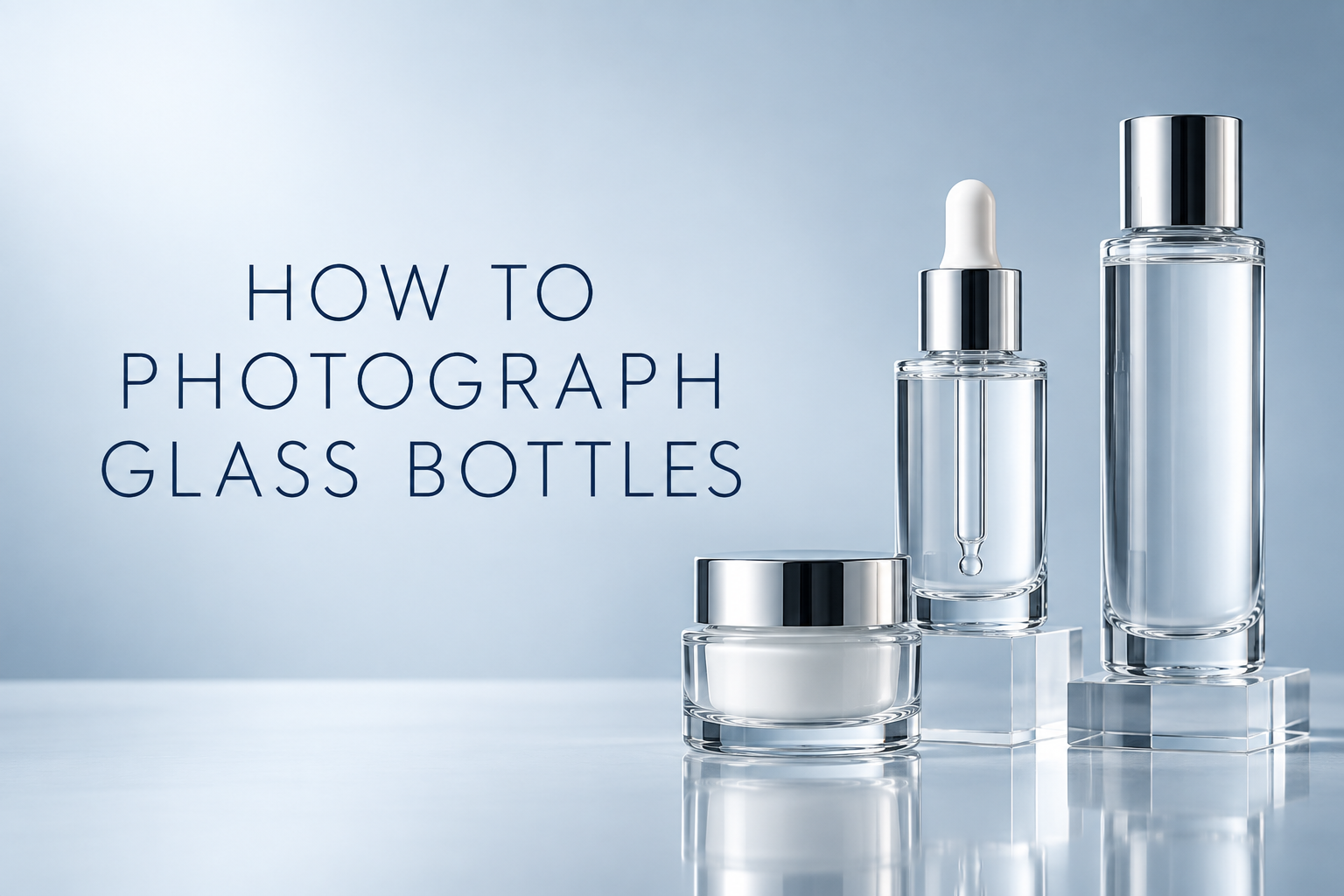 Glass skincare bottles photographed with controlled reflections