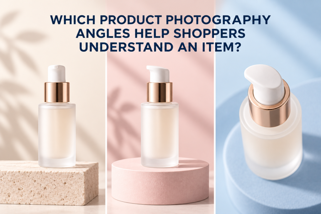 Front, three-quarter and overhead product photography angles of an unbranded skincare bottle