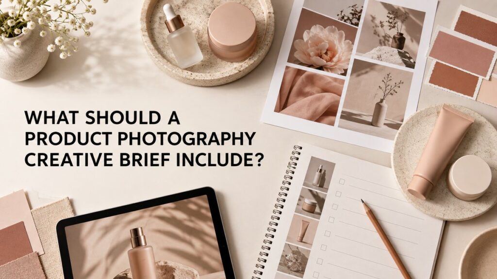 Product photography creative brief with moodboard, color swatches, shot list, and unbranded skincare products