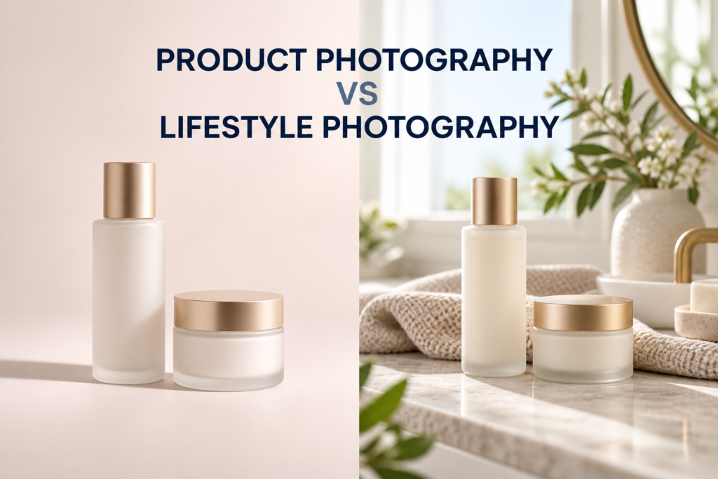 Split editorial image comparing studio product photography with lifestyle skincare photography