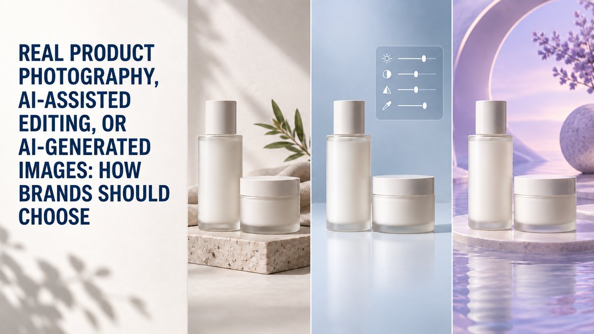 Unbranded skincare product shown across real photography, AI-assisted editing, and AI-generated image approaches