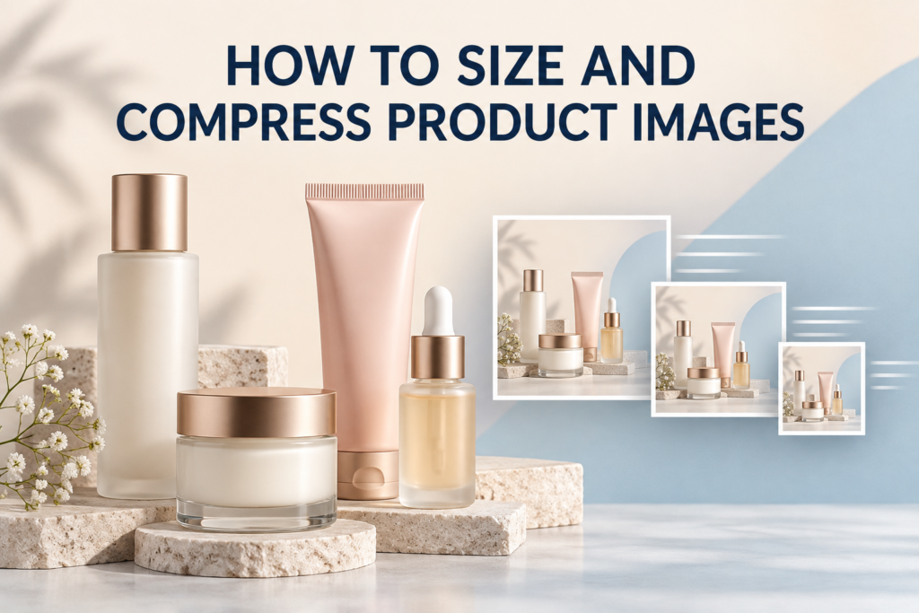 Editorial image about resizing and compressing unbranded skincare product photos for a fast website