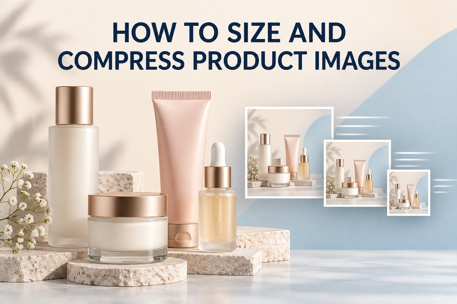 Editorial image about resizing and compressing unbranded skincare product photos for a fast website