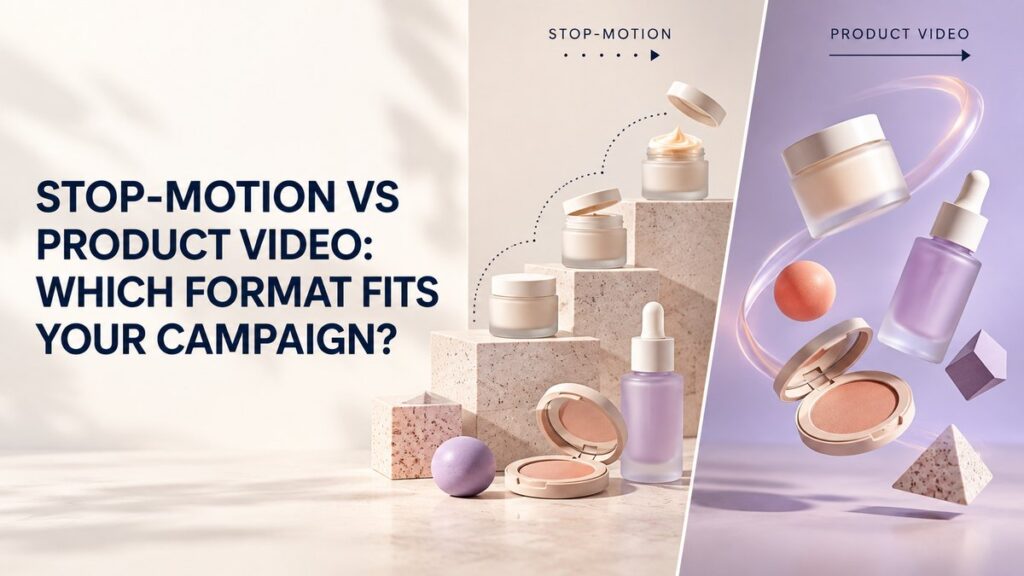 Unbranded beauty products comparing stop-motion frames with continuous product video