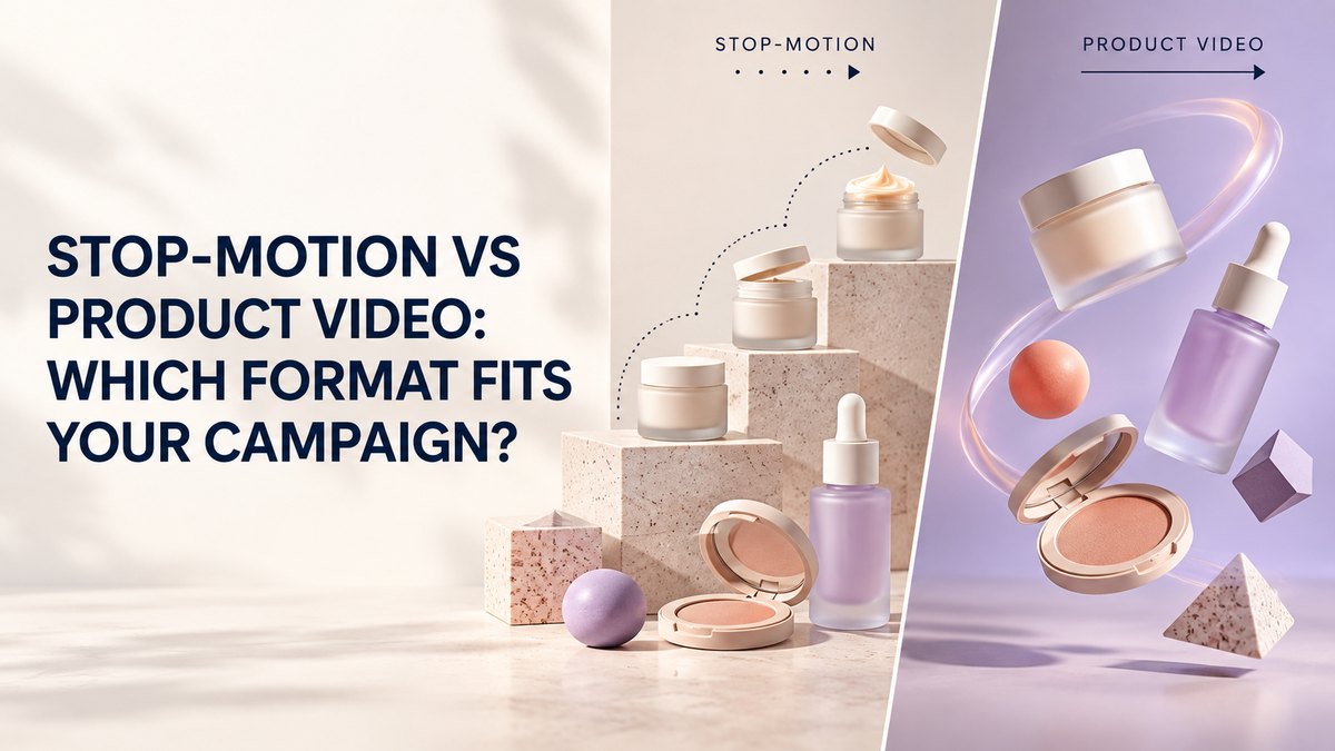 Unbranded beauty products comparing stop-motion frames with continuous product video