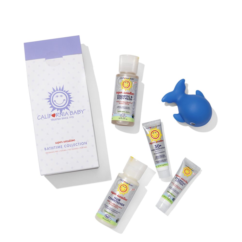 California Baby skincare products laid down on white background